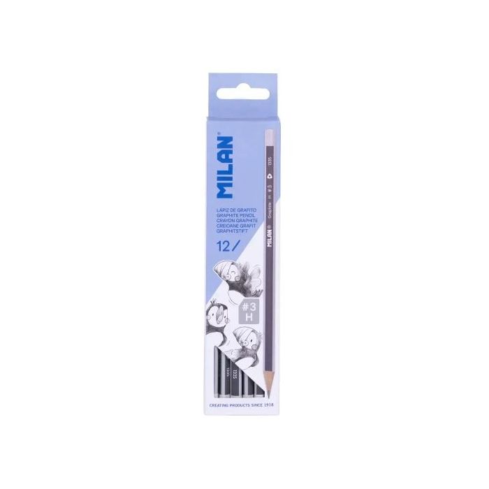 Milan Pack de 12 Lapices de Grafito Triangulares - Mina H  3 de 2mm - Resistente a la Rotura - Para Escritura y Dibujo
