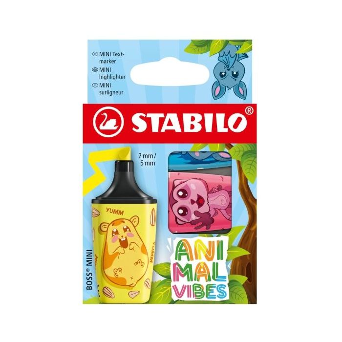 Stabilo Boss Mini Animal Vibes Pack de 3 Mini Marcadores Fluorescentes - Trazo entre 2 y 5mm - Tinta con Base de Agua - Antiseca