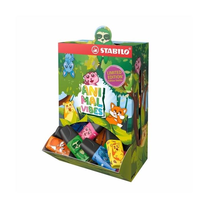 Stabilo Boss Mini Animal Vibes Expositor con 50 Mini Marcadores Fluorescentes - Trazo entre 2 y 5mm - Tinta con Base de Agua - A