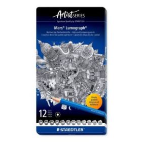 Staedtler Mars Lumograph 100 Caja Metalica con 12 Lapices de Grafito de Graduaciones 6B, 5B, 4B, 3B, 2B, B, HB, F, H, 2H, 3H, 4H