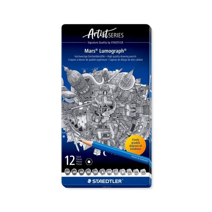 Staedtler Mars Lumograph 100 Caja Metalica con 12 Lapices de Grafito de Graduaciones 6B, 5B, 4B, 3B, 2B, B, HB, F, H, 2H, 3H, 4H