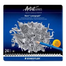 Staedtler Mars Lumograph 100 Caja Metalica con 24 Lapices de Grafito de Graduaciones Surtidas - Alta Resistencia a la Rotura - M