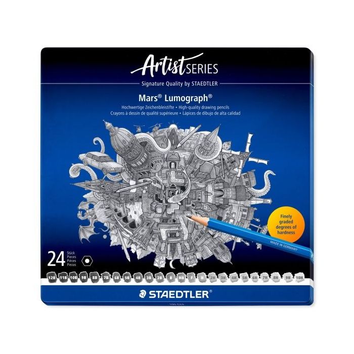 Staedtler Mars Lumograph 100 Caja Metalica con 24 Lapices de Grafito de Graduaciones Surtidas - Alta Resistencia a la Rotura - M