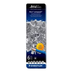 Staedtler Mars Lumograph 100 Caja Metalica con 6 Lapices de Grafito de Graduaciones 8B, 7B, 6B, 4B, 2B, HB - Alta Resistencia a