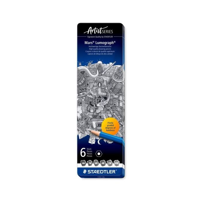 Staedtler Mars Lumograph 100 Caja Metalica con 6 Lapices de Grafito de Graduaciones 8B, 7B, 6B, 4B, 2B, HB - Alta Resistencia a