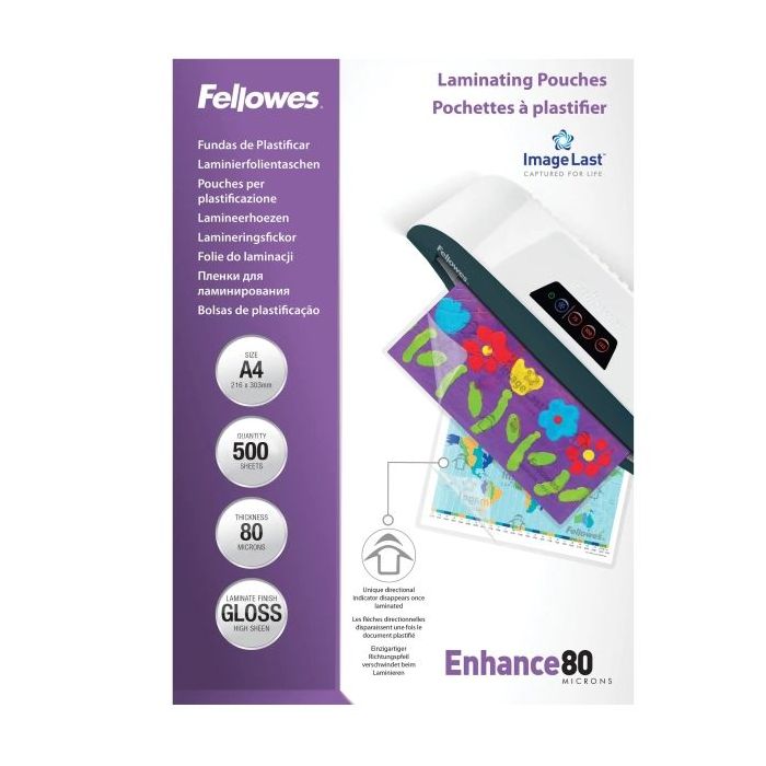 Fellowes Imagelast Pack de 500 Fundas para Plastificar - Formato A4 - Efecto Brillo - 80 micras - Flechas Indicadoras de Direcci