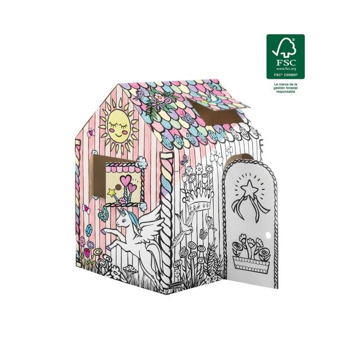 Fellowes Unicornio Casa XL para Pintar - Carton Corrugado FSC - Puertas y Ventanas Interactivas - Bordes Redondeados - Montaje s