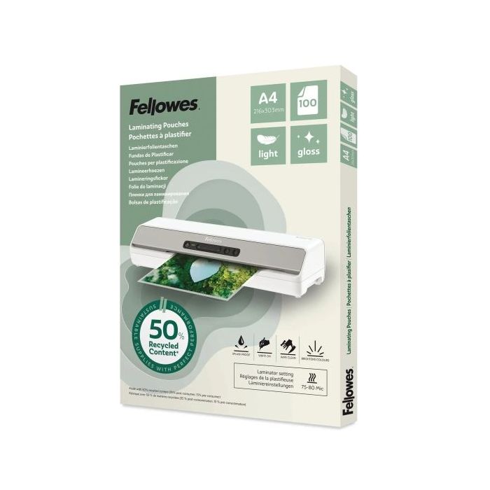 Fellowes Pack de 100 Fundas para Plastificar - Formato A4 - 80 micras - Efecto Brillo - Fabricado con 50% Material Reciclado - T