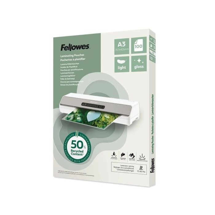Fellowes Pack de 100 Fundas para Plastificar - Formato A3 - 80 micras - Efecto Brillo - Fabricado con 50% Material Reciclado - T