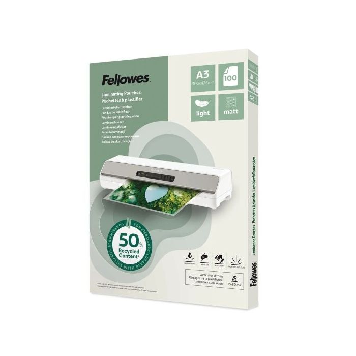 Fellowes Pack de 100 Fundas para Plastificar - Formato A3 - 80 micras - Efecto Mate - Fabricado con 50% Material Reciclado - Tra