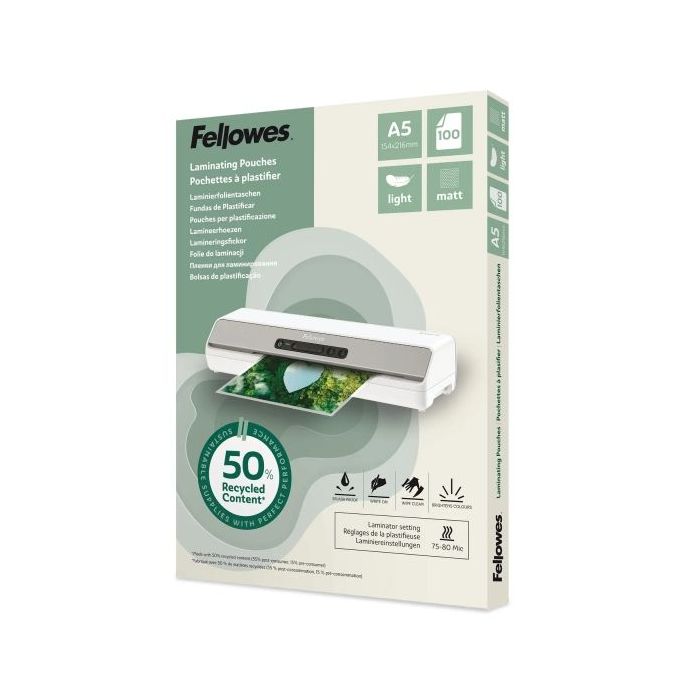 Fellowes Pack de 100 Fundas para Plastificar - Formato A5 - 80 micras - Efecto Mate - Fabricado con 50% Material Reciclado - Tra