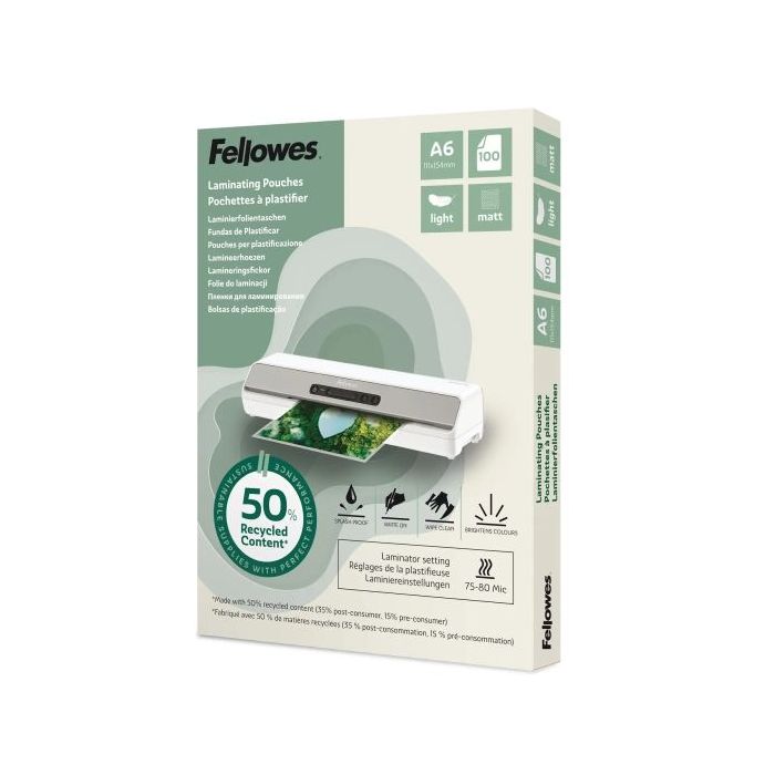 Fellowes Pack de 100 Fundas para Plastificar - Formato A6 - 80 micras - Efecto Mate - Fabricado con 50% Material Reciclado - Tra