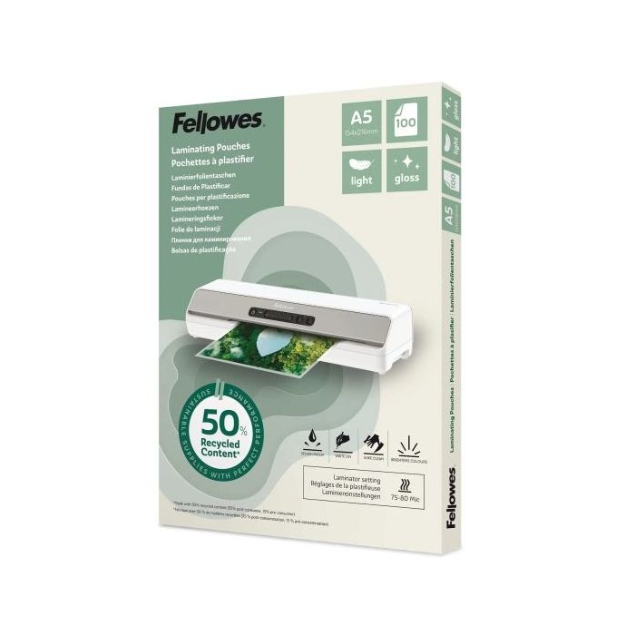 Fellowes Pack de 100 Fundas para Plastificar - Formato A5 - 80 micras - Efecto Brillo - Fabricado con 50% Material Reciclado - T