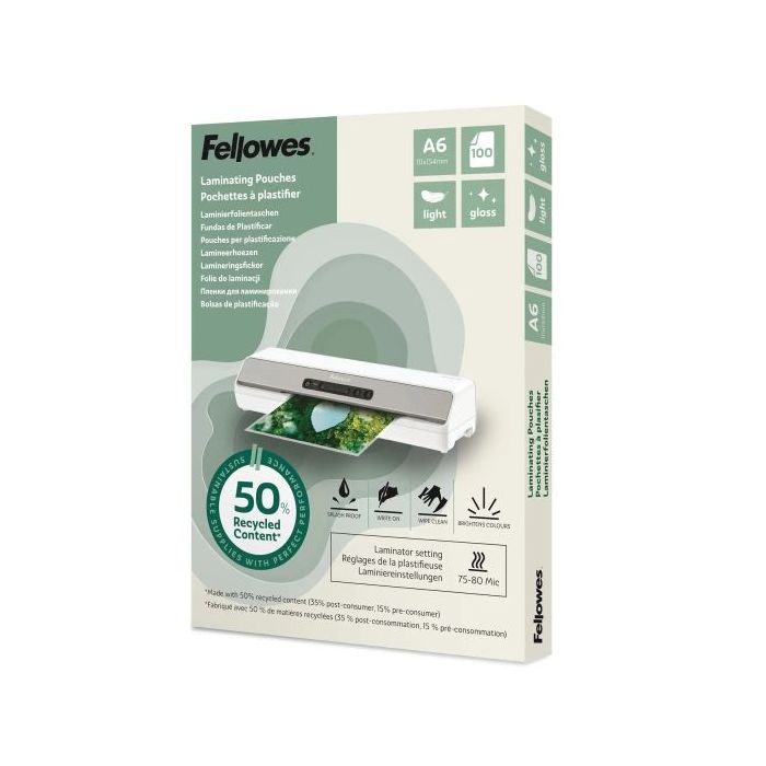 Fellowes Pack de 100 Fundas para Plastificar - Formato A6 - 80 micras - Efecto Brillo - Fabricado con 50% Material Reciclado - T