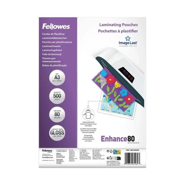 Fellowes Imagelast Pack de 500 Fundas para Plastificar - Formato A3 - Efecto Brillo - 80 micras - Flechas Indicadoras de Direcci