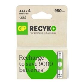 GP ReCyko Pack de 4 Pilas Recargables 950mAh AAA 1.2V - Precargadas - Ciclo de Vida: Hasta 1.000 Veces