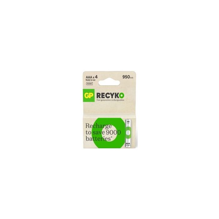 GP ReCyko Pack de 4 Pilas Recargables 950mAh AAA 1.2V - Precargadas - Ciclo de Vida: Hasta 1.000 Veces