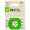 GP ReCyko Pack de 4 Pilas Recargables 950mAh AAA 1.2V - Precargadas - Ciclo de Vida: Hasta 1.000 Veces
