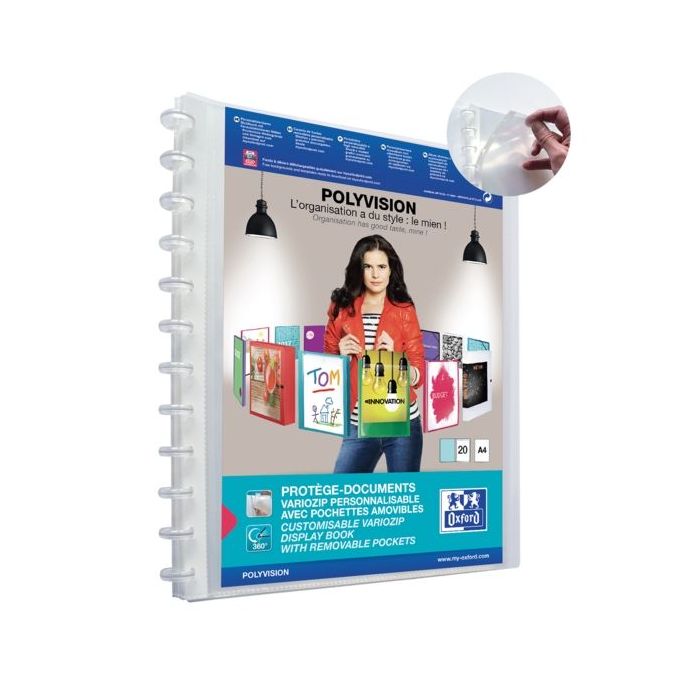 Oxford Polyvision Variozip A4+ Carpeta de 20 Fundas Removibles - Tapa de Plastico Personalizable - Organizacion y Proteccion par
