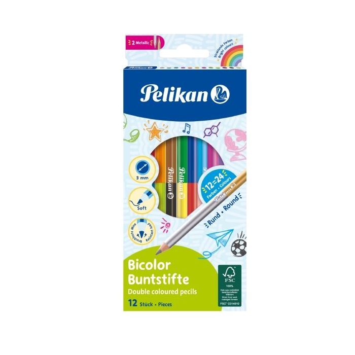 Pelikan Pack de 12 Lapices Bicolor - Redondos - Mina Antirotura de 2.9mm - Lavables - Colores Surtidos