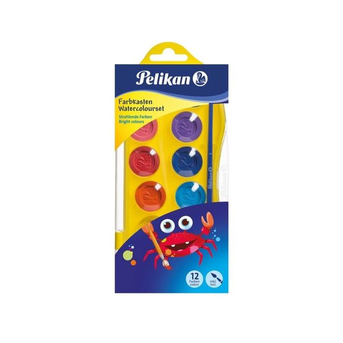 Pelikan Junior Pack de 12 Acuarelas - Incluye 1 Pincel - Facil de Diluir y Mezclar - No Toxicas - Lavable - Colores Surtidos