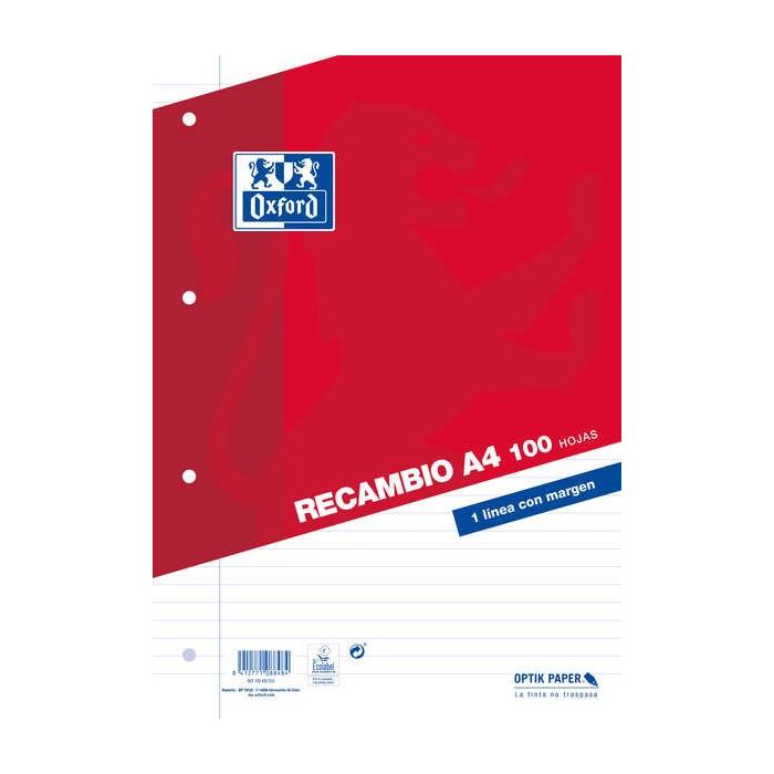Oxford Classic Recambio de 100 Hojas Sueltas A4 1 Linea Horizontal con Margen 4 Taladros