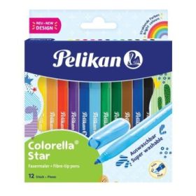 Pelikan Colorella Star Pack de 12 Rotuladores de Colores - Punta Fina - Tinta Lavable - Agarre Ergonomico - Colores vivos Surtid