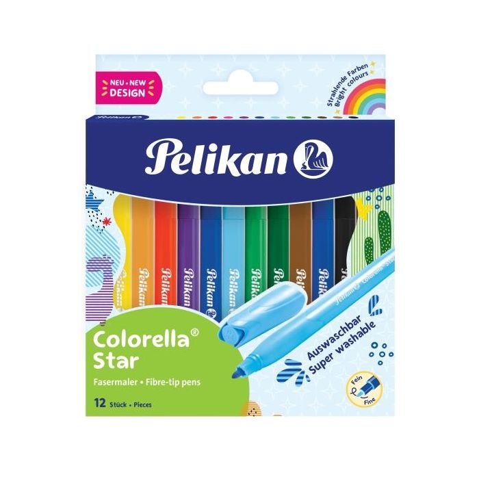 Pelikan Colorella Star Pack de 12 Rotuladores de Colores - Punta Fina - Tinta Lavable - Agarre Ergonomico - Colores vivos Surtid