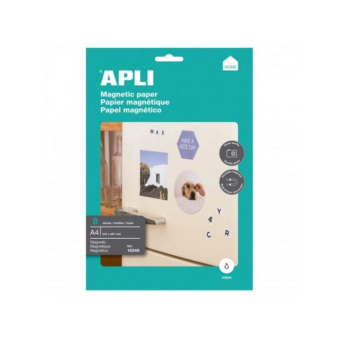 Apli Pack de 8 Hojas de Papel Magnetico A4 - 650gr - Apto para Impresoras Inkjet - Facil de Usar - Ideal para Imagenes Personali