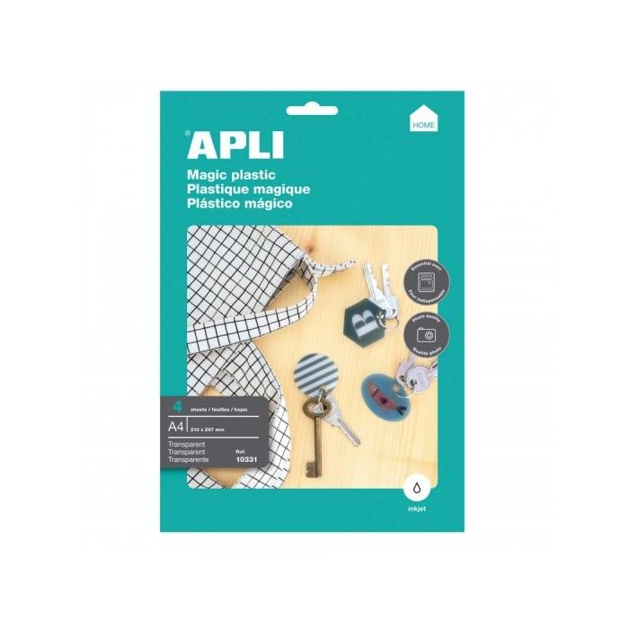 Apli Pack de 4 Hojas de Plastico Magico Imprimible - Apto para Impresoras Inkjet - Transforma Diseños en 3D - Ideal para Colgant