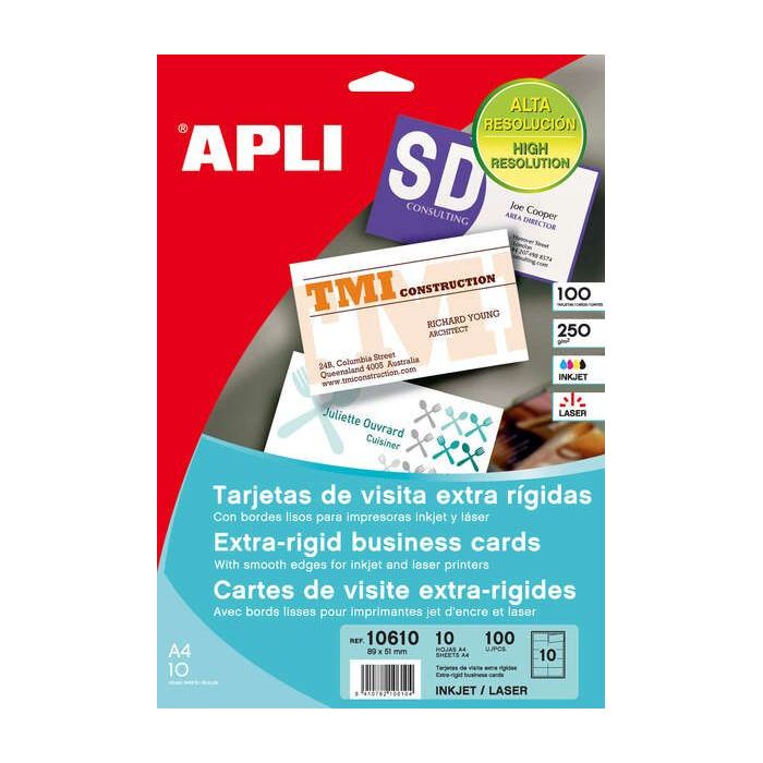 Apli Pack de 100 Tarjetas de Visita 250g - 10 Hojas por 10 Trajetas - Cantos Rectos - Color Blanco Mate