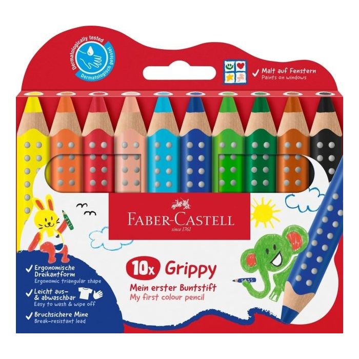 Faber-Castell Grippy Pack con 10 Lapices de Colores Gruesos Mina XXL Suave - Forma Triangular con Grip - Colores Surtidos
