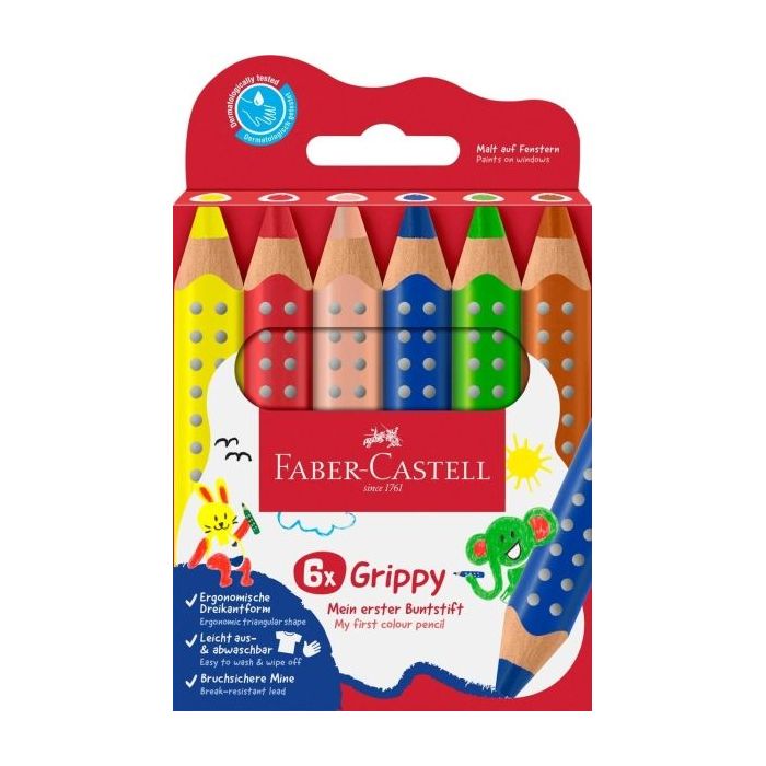 Faber-Castell Grippy Pack con 6 Lapices de Colores Gruesos Mina XXL Suave - Forma Triangular con Grip - Colores Surtidos