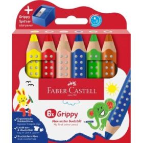 Faber-Castell Grippy Pack con 6 Lapices de Colores Gruesos Mina XXL Suave + Sacapuntas - Forma Triangular con Grip - Colores Sur