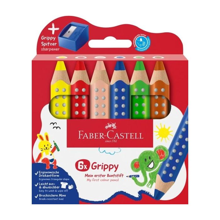 Faber-Castell Grippy Pack con 6 Lapices de Colores Gruesos Mina XXL Suave + Sacapuntas - Forma Triangular con Grip - Colores Sur