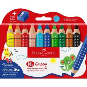 Faber-Castell Grippy Pack con 10 Lapices de Colores Gruesos Mina XXL Suave + Sacapuntas - Forma Triangular con Grip - Colores Su