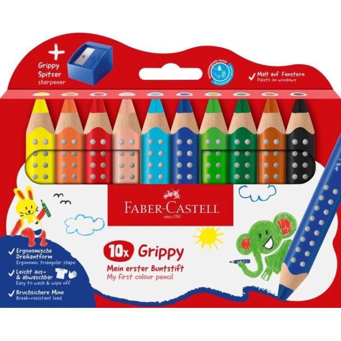 Faber-Castell Grippy Pack con 10 Lapices de Colores Gruesos Mina XXL Suave + Sacapuntas - Forma Triangular con Grip - Colores Su