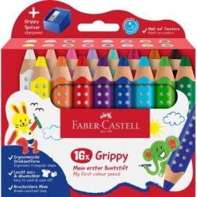 Faber-Castell Grippy Pack con 16 Lapices de Colores Gruesos Mina XXL Suave + Sacapuntas - Forma Triangular con Grip - Colores Su
