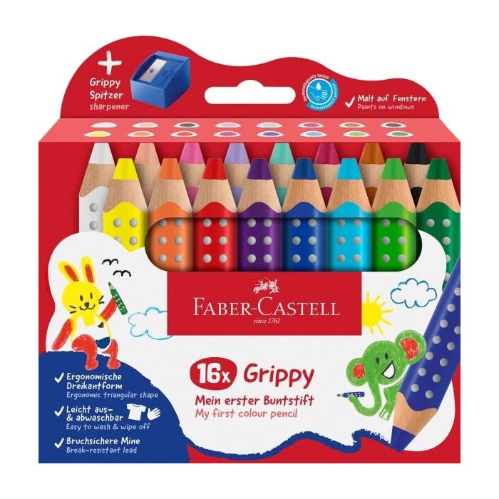 Faber-Castell Grippy Pack con 16 Lapices de Colores Gruesos Mina XXL Suave + Sacapuntas - Forma Triangular con Grip - Colores Su