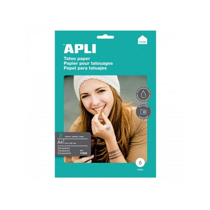 Apli Pack de 2 Hojas de Papel para Crear Tatuajes - Imprimible en Inkjet - Versatil para Piel y Objetos - Facil de Borrar - Derm