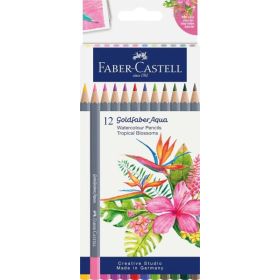 Faber-Castell Tropical Escapes Pack con 12 Lapices de Colores Acuarelables Goldfaber - Mina de 3,3mm - Aplicacion Suave - Madera