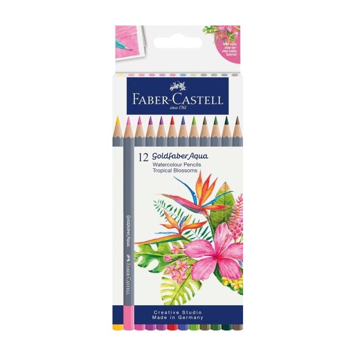 Faber-Castell Tropical Escapes Pack con 12 Lapices de Colores Acuarelables Goldfaber - Mina de 3,3mm - Aplicacion Suave - Madera