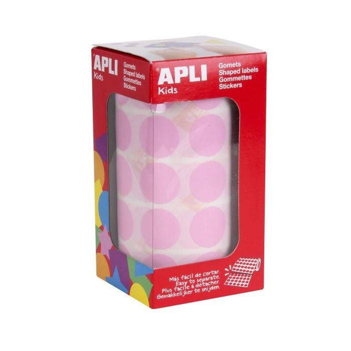 Apli Rollo de 1.770 Gomets Redondos Ø 20mm - Adhesivo Permanente Base Agua - Libre de Disolventes - Color Rosa Claro