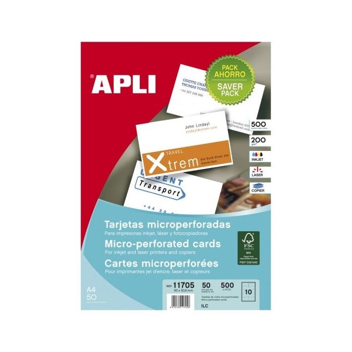 Apli Tarjetas de Visita Blancas Microperforadas - Acabado Mate - Cartulina 200gr - Compatible con Impresoras Inkjet y Laser - 10