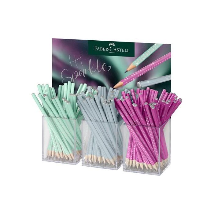 Faber-Castell Sparkle Aurora Expositor con 144 Lapices Triangulares de Grafito B - Mina Resistente a la Rotura - Con Cabelilla P