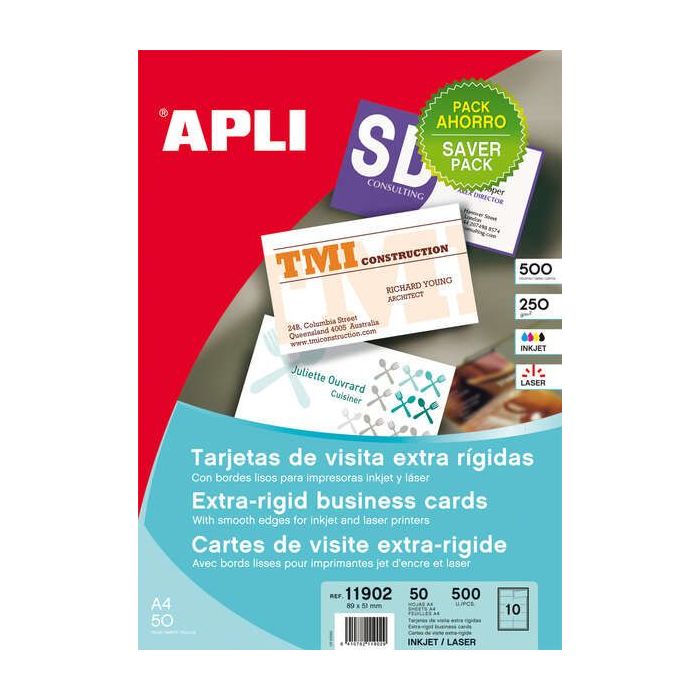 Apli Pack con 500 Tarjetas de Visita Mate - Cartulina de 250g/m² - 50 Hojas por 10 Tarjetas - Cantos Rectos - Color Blanco