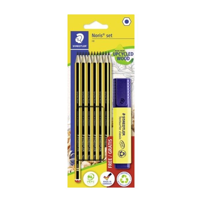 Staedtler Noris 120 Pack con 12 Lapices de Grafito Hexagonales HB + 1 Marcador Fluorescente Textsurfer Amarillo - Resistencia a