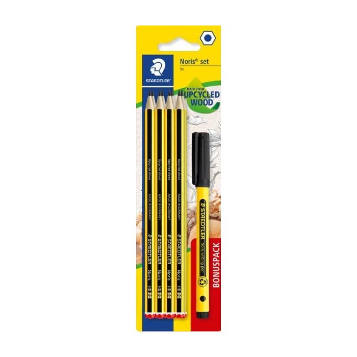Staedtler Noris 120 Pack con 8 Lapices de Grafito Hexagonales HB + 1 Fineliner Noris Writing Pen 307 Negro - Resistencia a la Ro