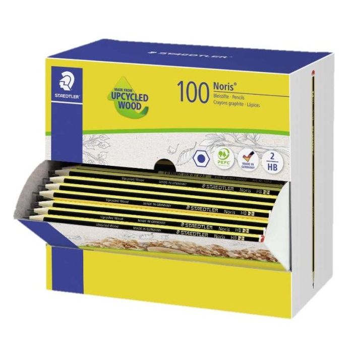Staedtler Noris 120-2 Expositor con 100 Lapices de Grafito Hexagonal HB - Mina Ultrarresistente de 2mm - Madera de Bosques Soste