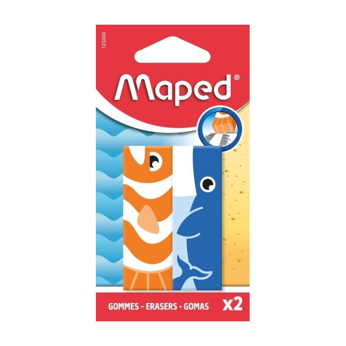 Maped Pack con 2 Gomas de Borrar con 3 Diseños de Animales - Forma Rectangular - Sin Ftalatos - Colores Surtidos